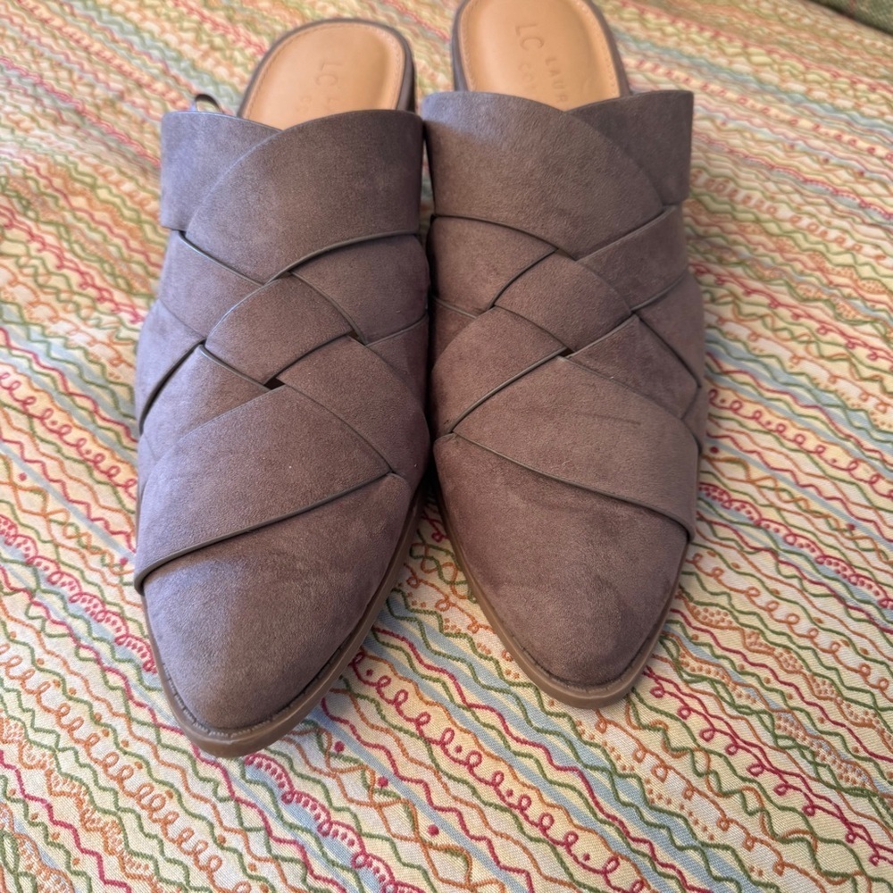LC Lauren Conrad Rowann high heel mules Woven Design Size 9 Taupe